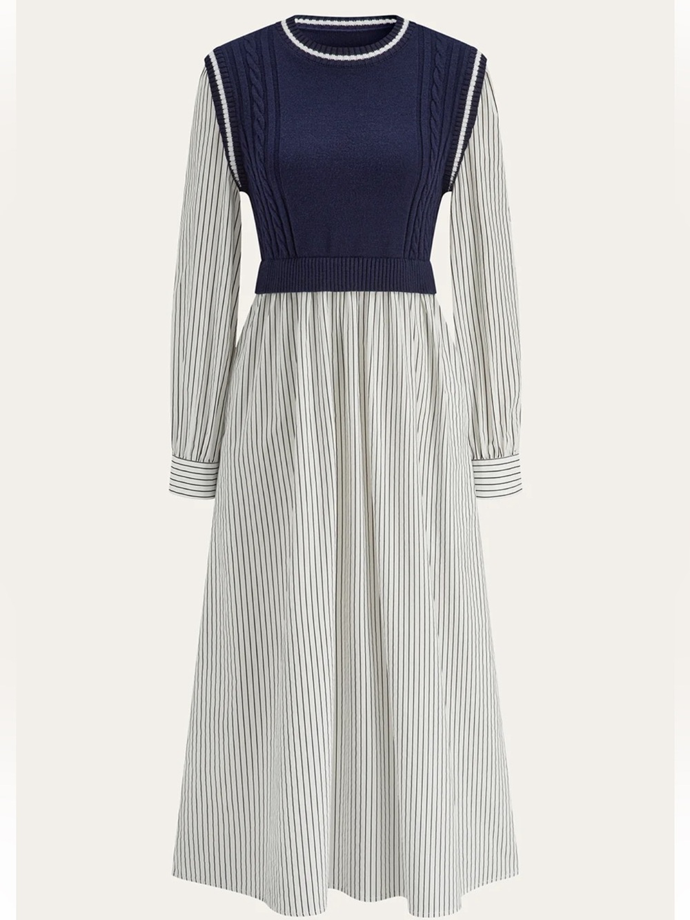 NWT Commence Striped Dress with Navy Cable Knit Vest